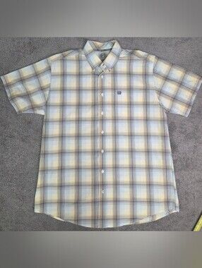 Cinch Short-Sleeve Plaid Button-Down Shirt in Light Blue, Cream, and Brown